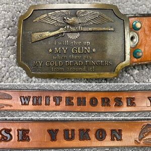 Vintage Men's Brass Belt Buckle with Eagle Gun Design Whitehorse Yukon Leather